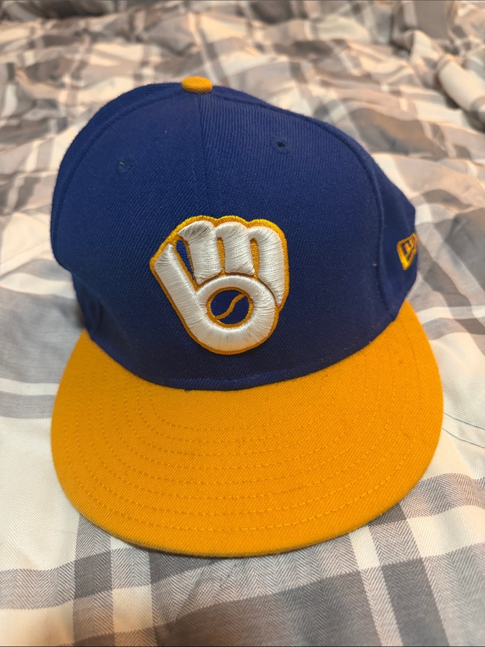 New Era Milwaukee Brewers Blue & Yellow Baseball Cap with Embroidered Glove Logo